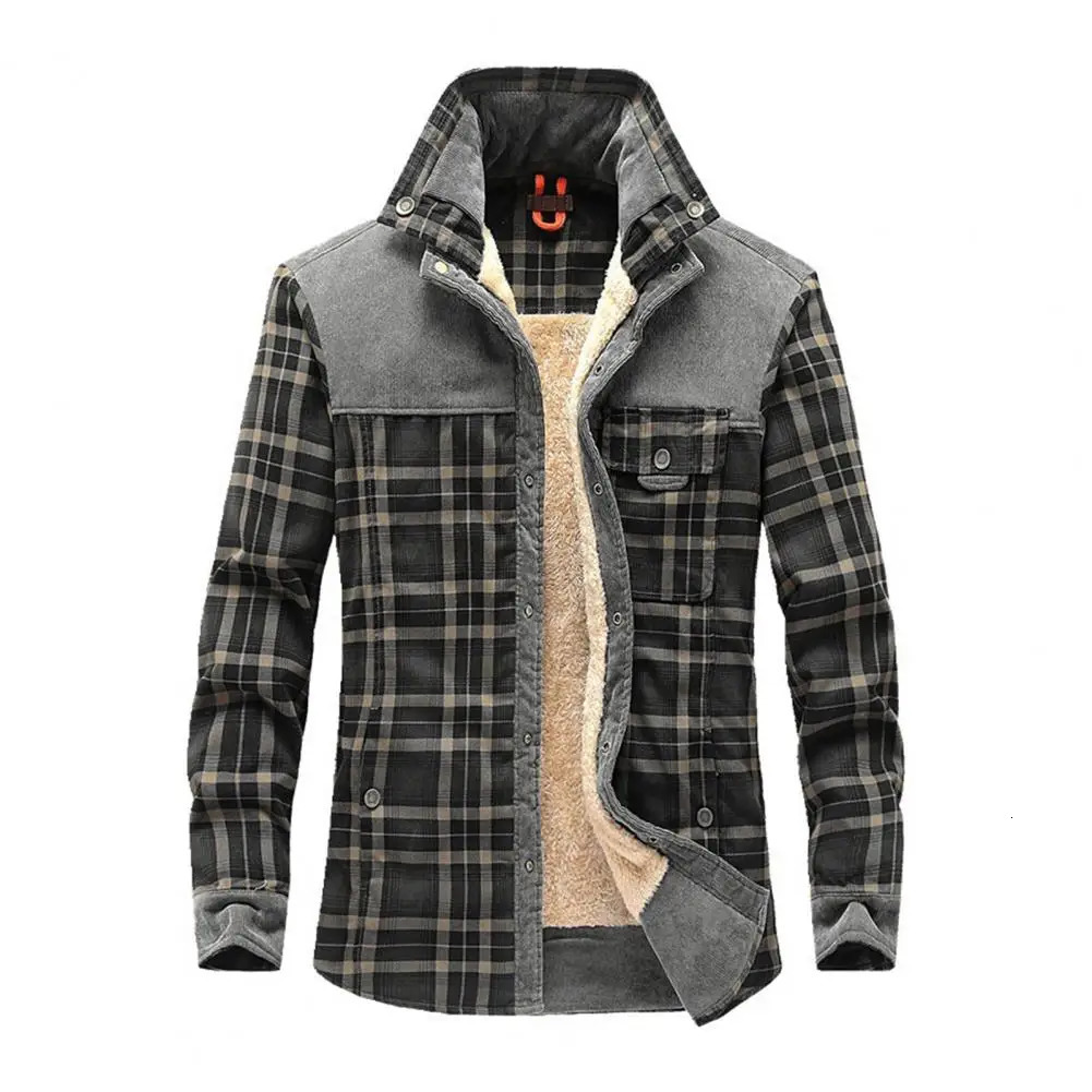 Men's Leather Faux Men Winter Shirts Jackets Hooded Lapel Long Sleeve Plaid Pockets Single Breasted Coat Thickened Fleece Lining Cotton Outerwear