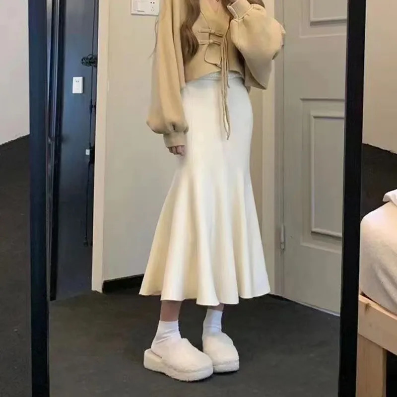 Skirts Rimocy Autumn Winter Knitted Fishtail Women Fashion Bodycon Mermaid Midi Skirt Woman Elastic High Waist Slim Saias 231019