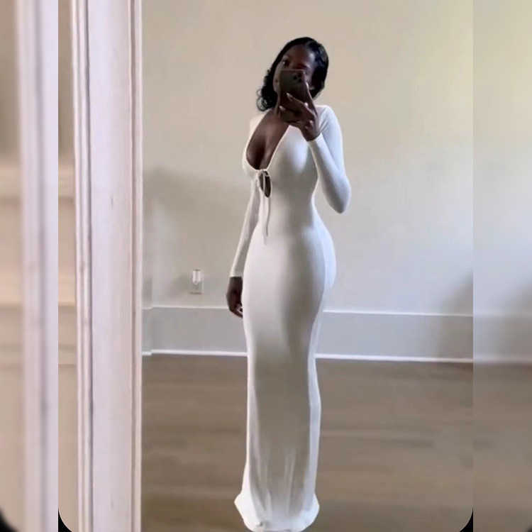 Sexy Deep V Step Dress Kardashian Solid Color Slim-fit Breast Long Bag Buttock Skirt Women T231020