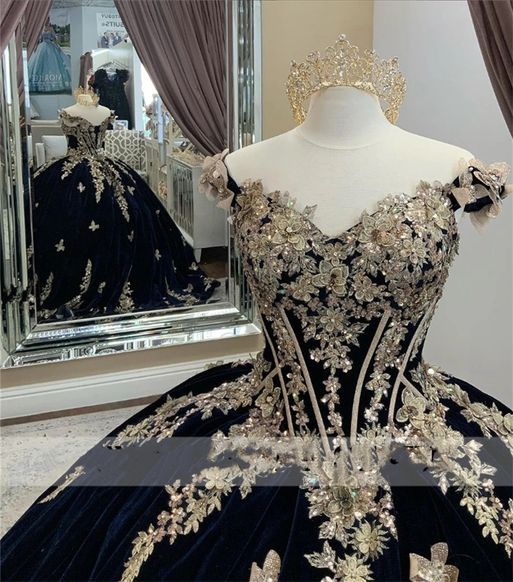 Veet Navy Blue Quinceanera Dresses Butterfly Ball Gown for Mexico Girls Gold Applique Birthday Party Dress Vestidos De 15 Anos 322