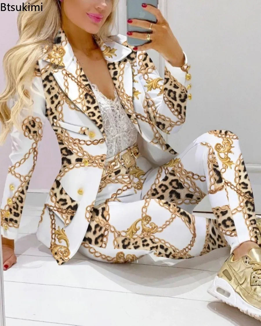 Women's Suits Blazers Two Piece Set Women Formal Office Tracksuits For Ladies Outfits Lapel Collar Double Breasted Blazer Suit Pants Set Female 2