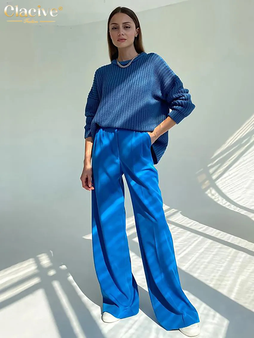 Women's Pants Capris Clacive Blue Office Women'S Pants Fashion Loose Full Length Ladies Trousers Casual High Waist Wide Pants For Women 2310