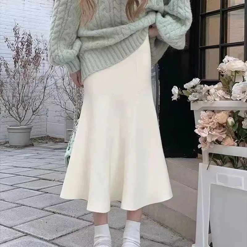 Skirts Rimocy Autumn Winter Knitted Fishtail Women Fashion Bodycon Mermaid Midi Skirt Woman Elastic High Waist Slim Saias 231019