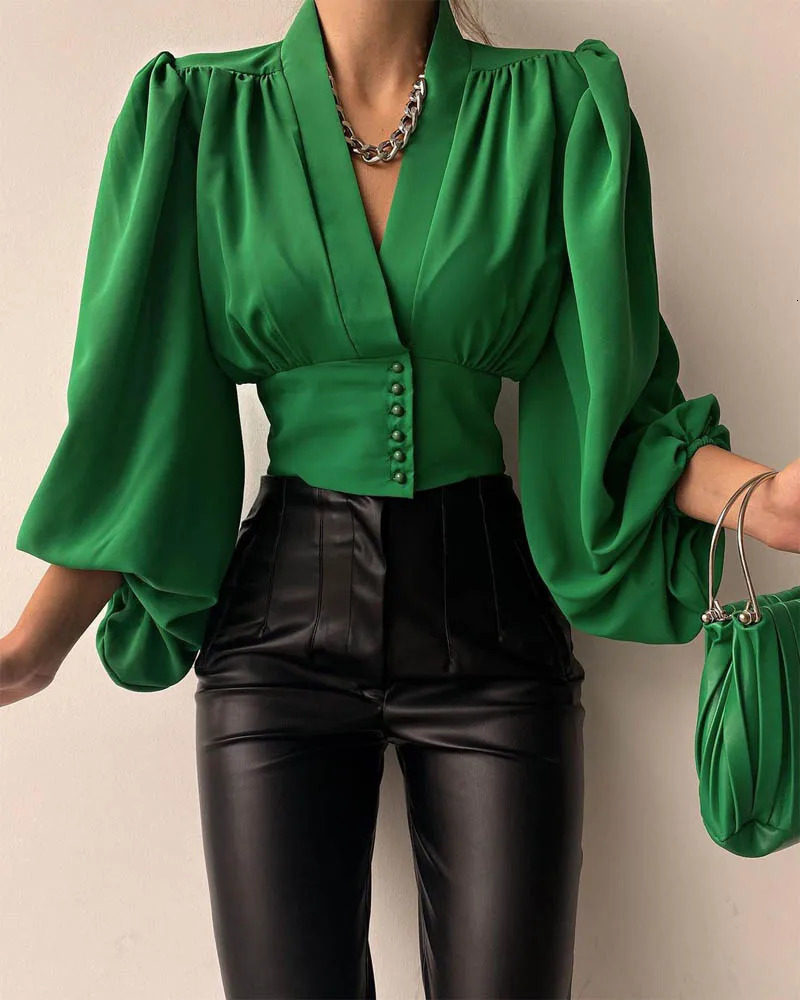 Womens Blouses Shirts Autumn Satin Blouse Red Long Lantern Sleeve Button Vneck Elegant Female Shirt Fashion Vintage Ladies Top 231019
