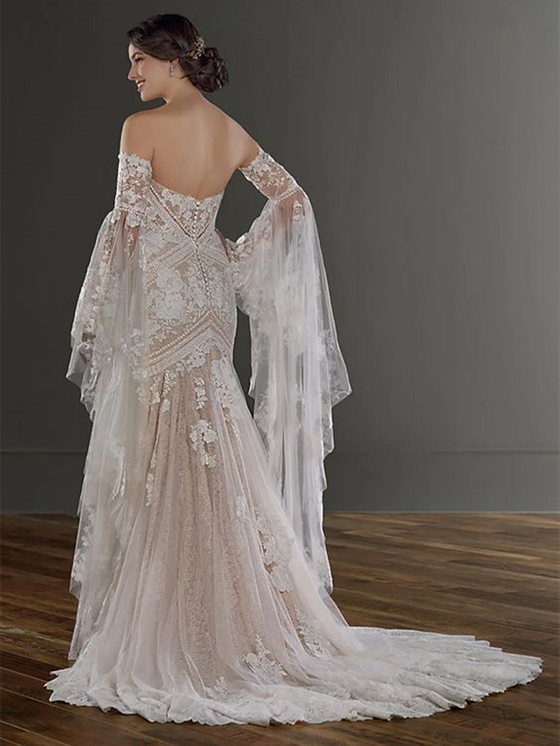 Backless Boho Bohemian Mermaid Wedding Dress With Detachable Bell Long Sleeves Lace Appliques Sweetheart Neck Bridal Gowns Champagne Ing Beach Bride D
