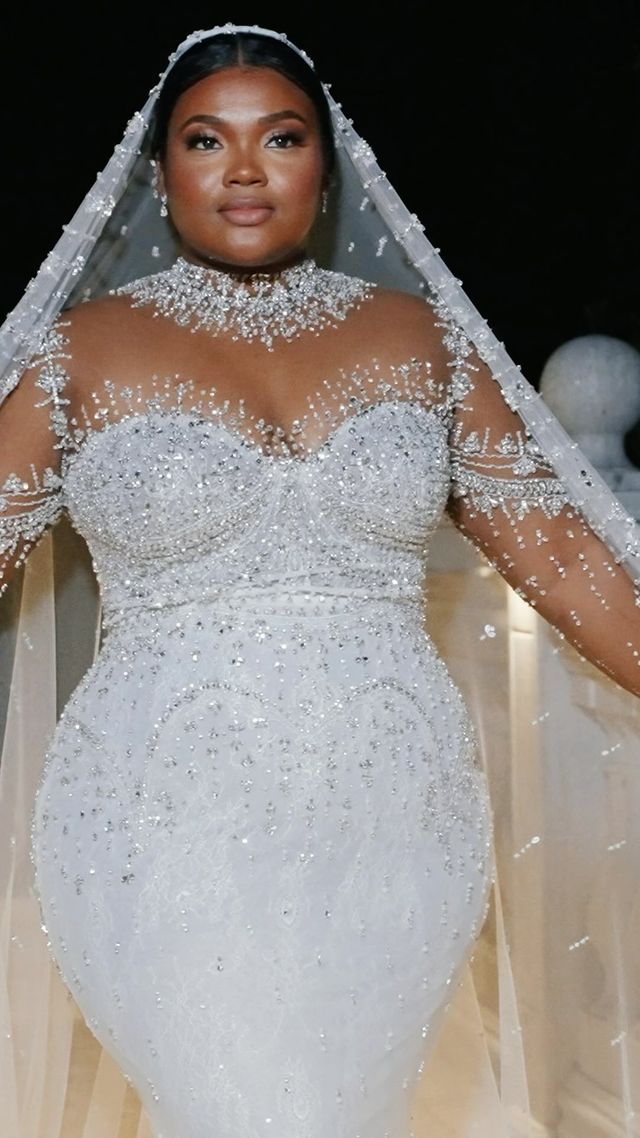 2023 Oct Arabic Aso Ebi Plus Size Ivory Mermaid Wedding Dress Beaded Crystals Lace Bridal Gowns Dresses ZJ608