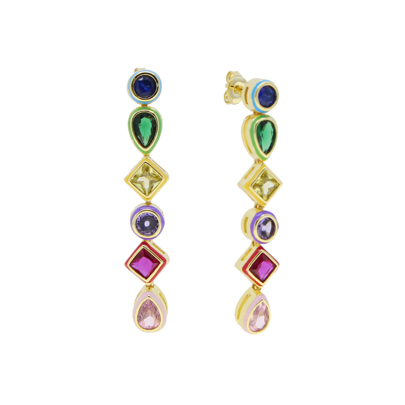 Geometric Zircon Dangle Women - Red Cubic Zirconia Brass & Copper Gold Plated Chandelier Earrings for Valentine's Day