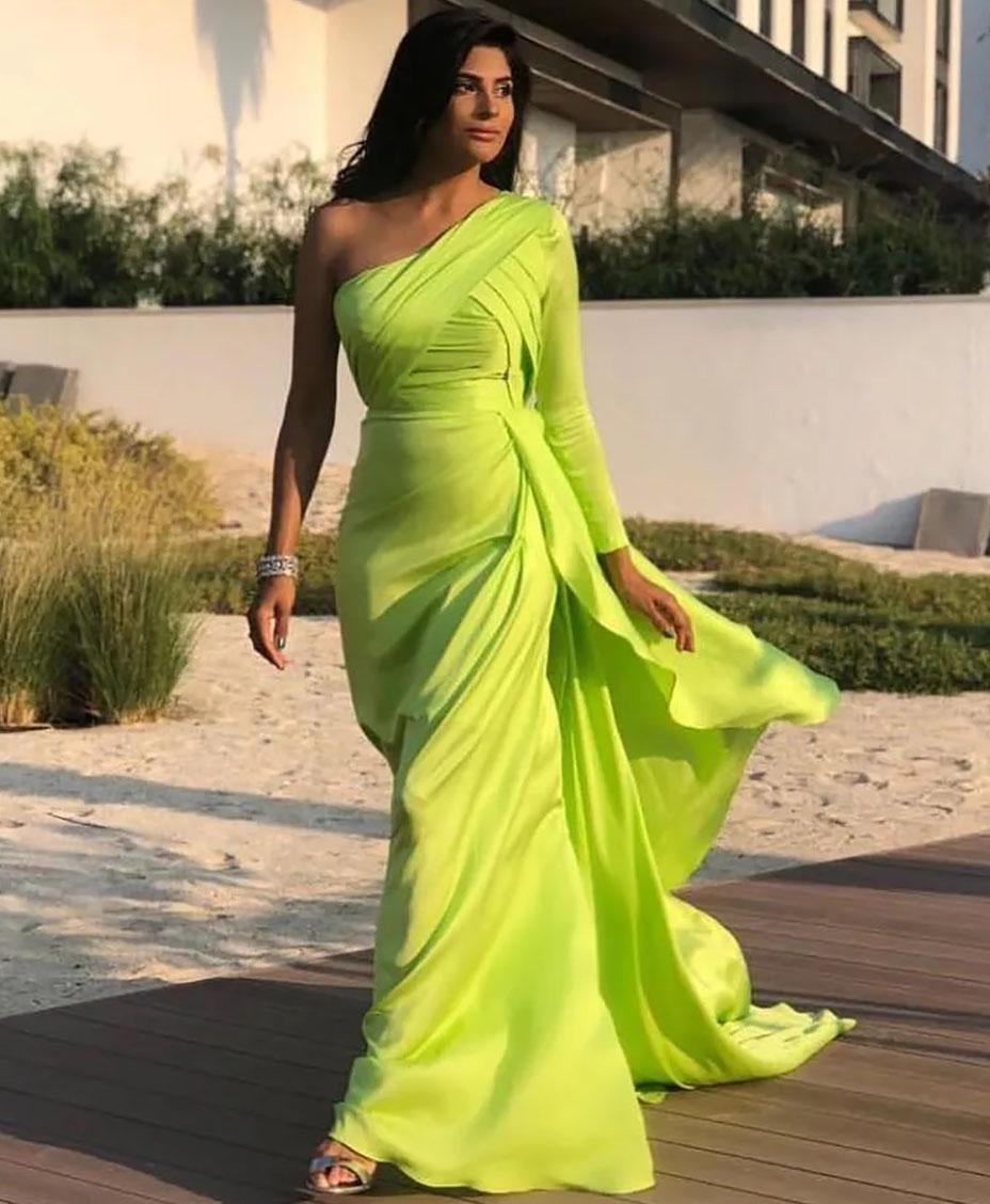 Evening Dresses Light Green Prom Party Gown Mermaid One-Shoulder Long Sleeve Zipper Lace Up Plus Size New Custom Pleat Formal Elastic Satin
