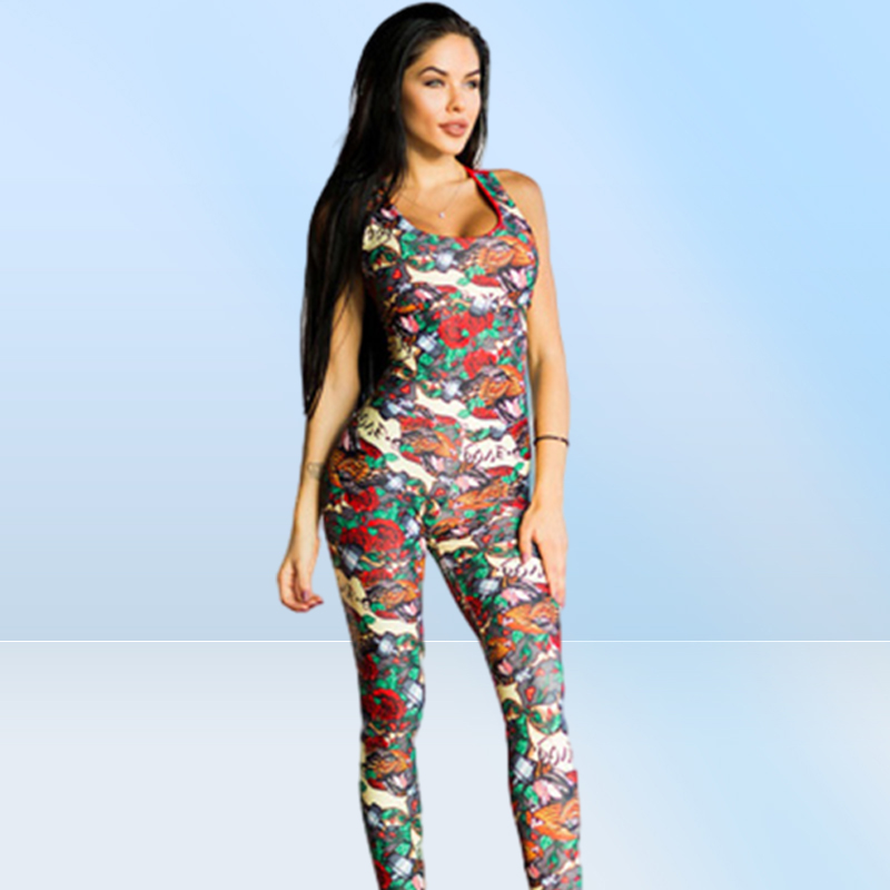 CrazyFit One Piece Sexy Sport Suit Women Padded Floral Print Yoga Workout Clothes Running Set Jogging Gym Clothing Jumpsuit