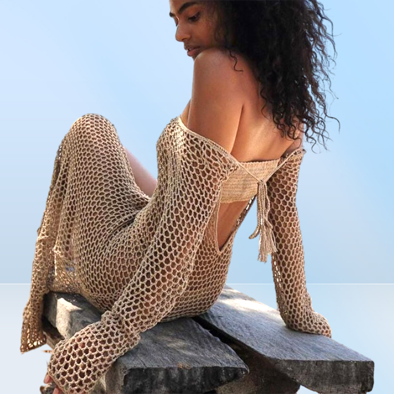 Sexy Women039s Swimwear knitting Seethrough Side Slit Skirt Beach Dress Summer