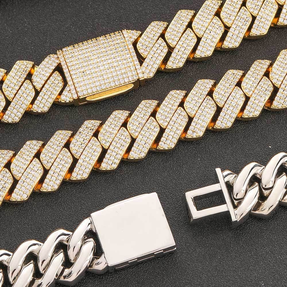 necklace moissanite chain designer jewelry cuban link chain for men stainless steel plated gold 20MM wide 3 row diamond hip hop mens prong iced out ch
