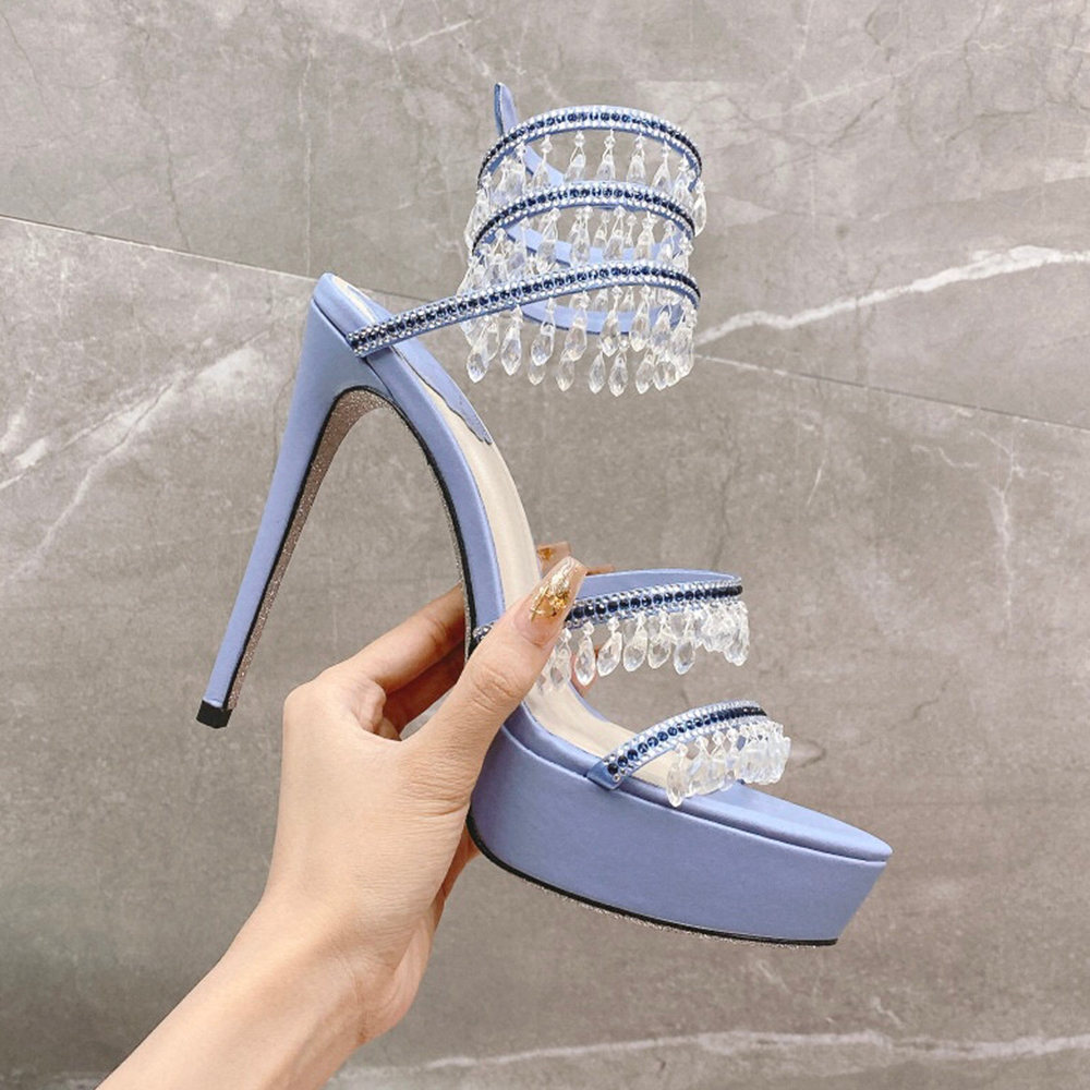 Rene Caovilla Chandelier Crystal Rhinestones Platform Sandals Stiletto Heels Evening Party Dress Women Designers Ankle Wraparound Shoes Party shoes factory