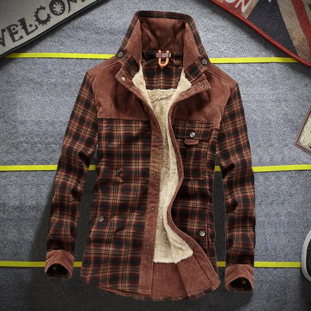 Men's Leather Faux Men Winter Shirts Jackets Hooded Lapel Long Sleeve Plaid Pockets Single Breasted Coat Thickened Fleece Lining Cotton Outerwear