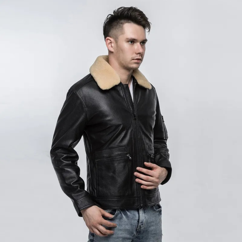 Men's Leather Faux Leather Top Quality Mens Air Force Pilot Sheepskin Genuine Leather Jacket Slim Fit Sheep Fur Collar Padded Coat Chaqueta Motor