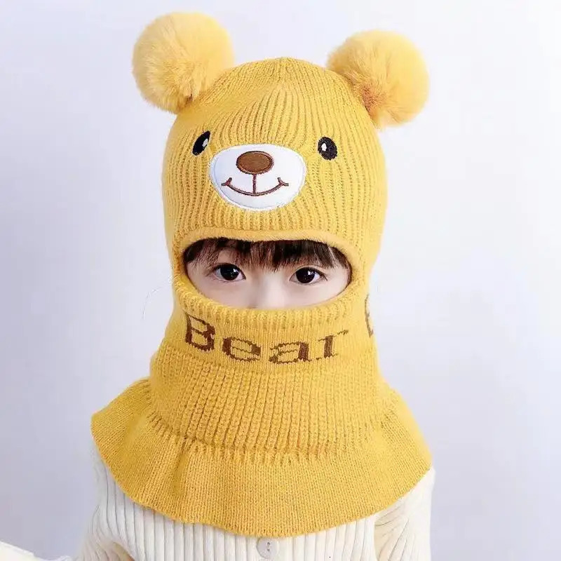 Caps Hats Kids Bear Winter Double Layer Balaclava Hat PomPom Knit Beanie for Baby Boy Hat Scarf Snood Caps for Girls 231020
