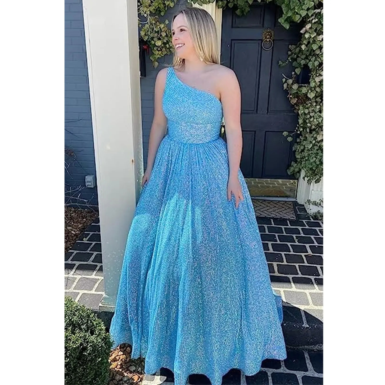 Sequins Glitter Arabic Prom Dress Pleat One Shoulder Special Ocns Evening Gowns Custom Made Vestidos De Novia 0914