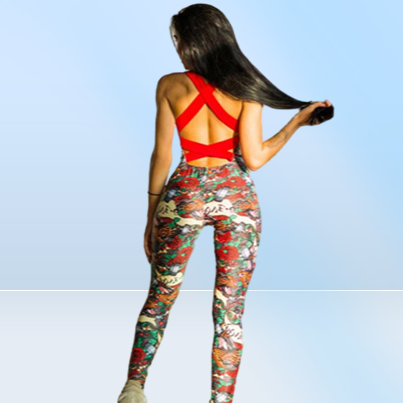 CrazyFit One Piece Sexy Sport Suit Women Padded Floral Print Yoga Workout Clothes Running Set Jogging Gym Clothing Jumpsuit