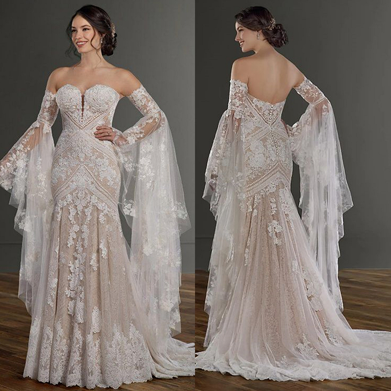 Backless Boho Bohemian Mermaid Wedding Dress With Detachable Bell Long Sleeves Lace Appliques Sweetheart Neck Bridal Gowns Champagne Ing Beach Bride D