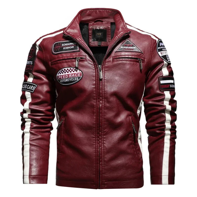 Men's Leather Faux Leather Autumn Men's Motorcycle Leather Jacket Casual Patchwork Vintage Overcoat Biker PU Embroidery Bomber Zipper Fleece