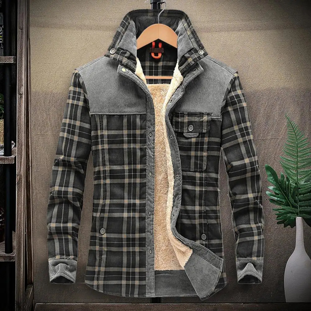 Men's Leather Faux Men Winter Shirts Jackets Hooded Lapel Long Sleeve Plaid Pockets Single Breasted Coat Thickened Fleece Lining Cotton Outerwear