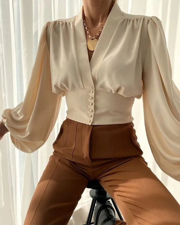 Womens Blouses Shirts Autumn Satin Blouse Red Long Lantern Sleeve Button Vneck Elegant Female Shirt Fashion Vintage Ladies Top 231019