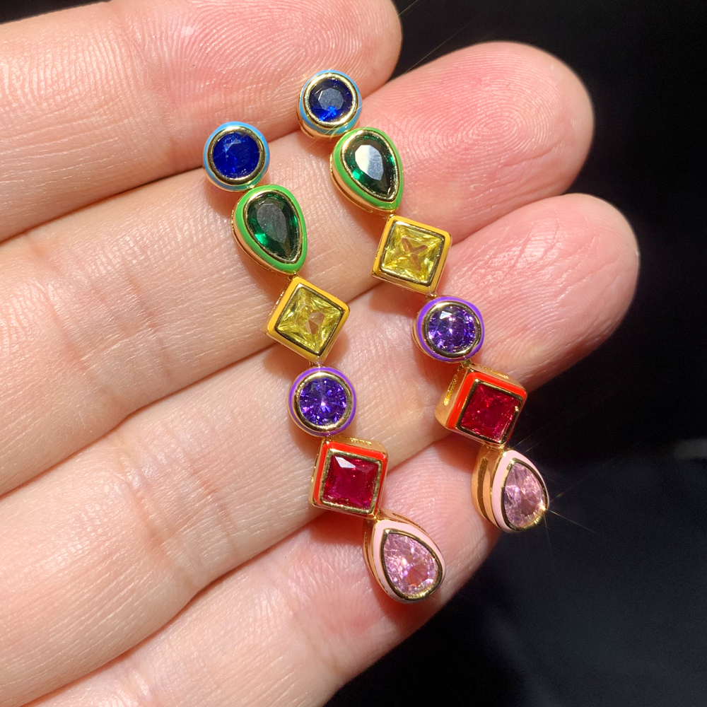 Geometric Zircon Dangle Women - Red Cubic Zirconia Brass & Copper Gold Plated Chandelier Earrings for Valentine's Day