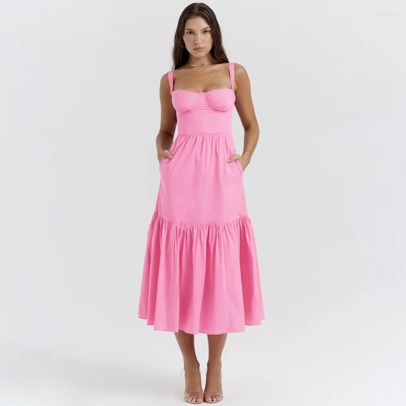Women's Casual Summer A-E Dress, V Neck Spaghetti Strap, Polyester, Short Sleeve, Bohemian Style, Cream White, Blue, Pink, For Daily Wear