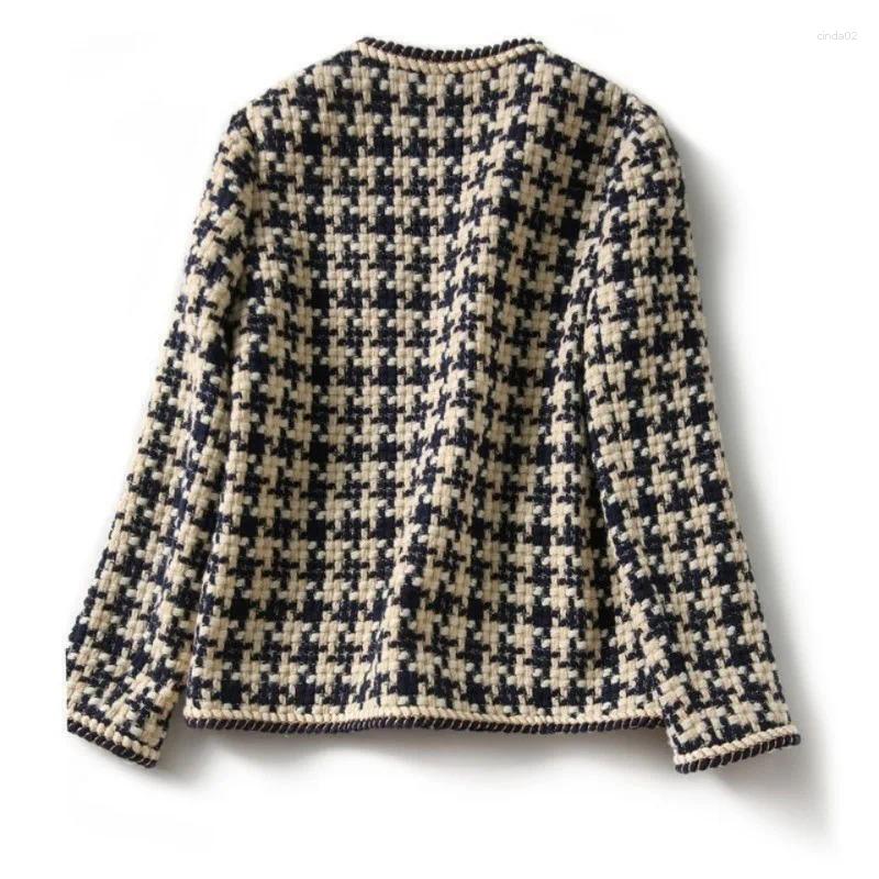 Women's Tweed Blazer Plaid Jacket Long Sleeve Casual Pocket Office Ladies Suit Coats 2024 Autumn Winter