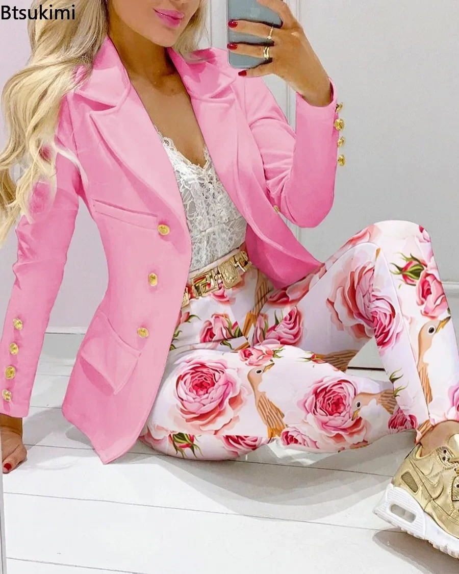 Women's Suits Blazers Two Piece Set Women Formal Office Tracksuits For Ladies Outfits Lapel Collar Double Breasted Blazer Suit Pants Set Female 2