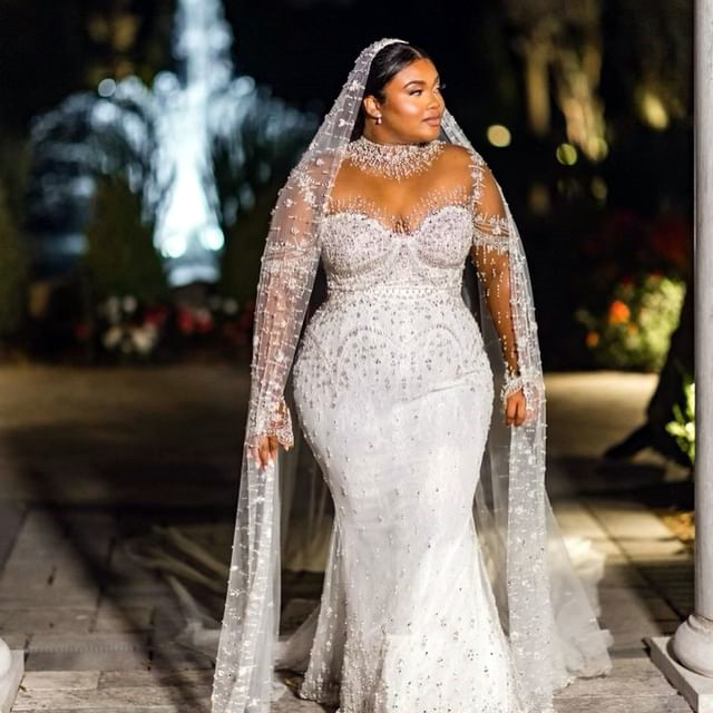 Ebi Arabic Aso Oct Plus Size Ivory Mermaid Wedding Dress Beaded Crystals Lace Bridal Gowns Dresses ZJ Es 6660306
