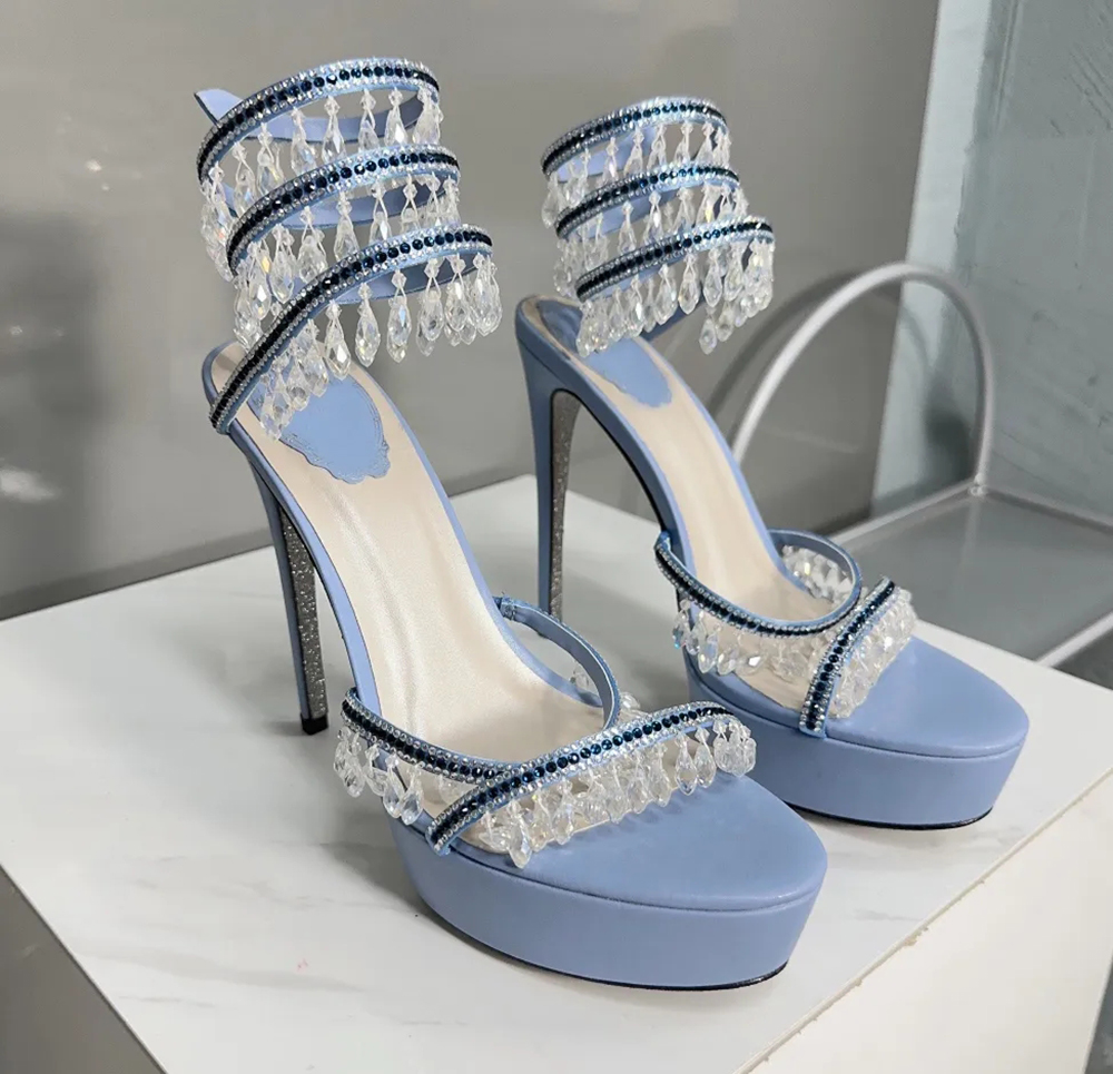 Rene caovilla Chandelier Crystal Rhinestones Platform Sandals stiletto Heels Evening Party Dress shoes women Luxury Designers Ankle Wraparound shoes 12.5cm