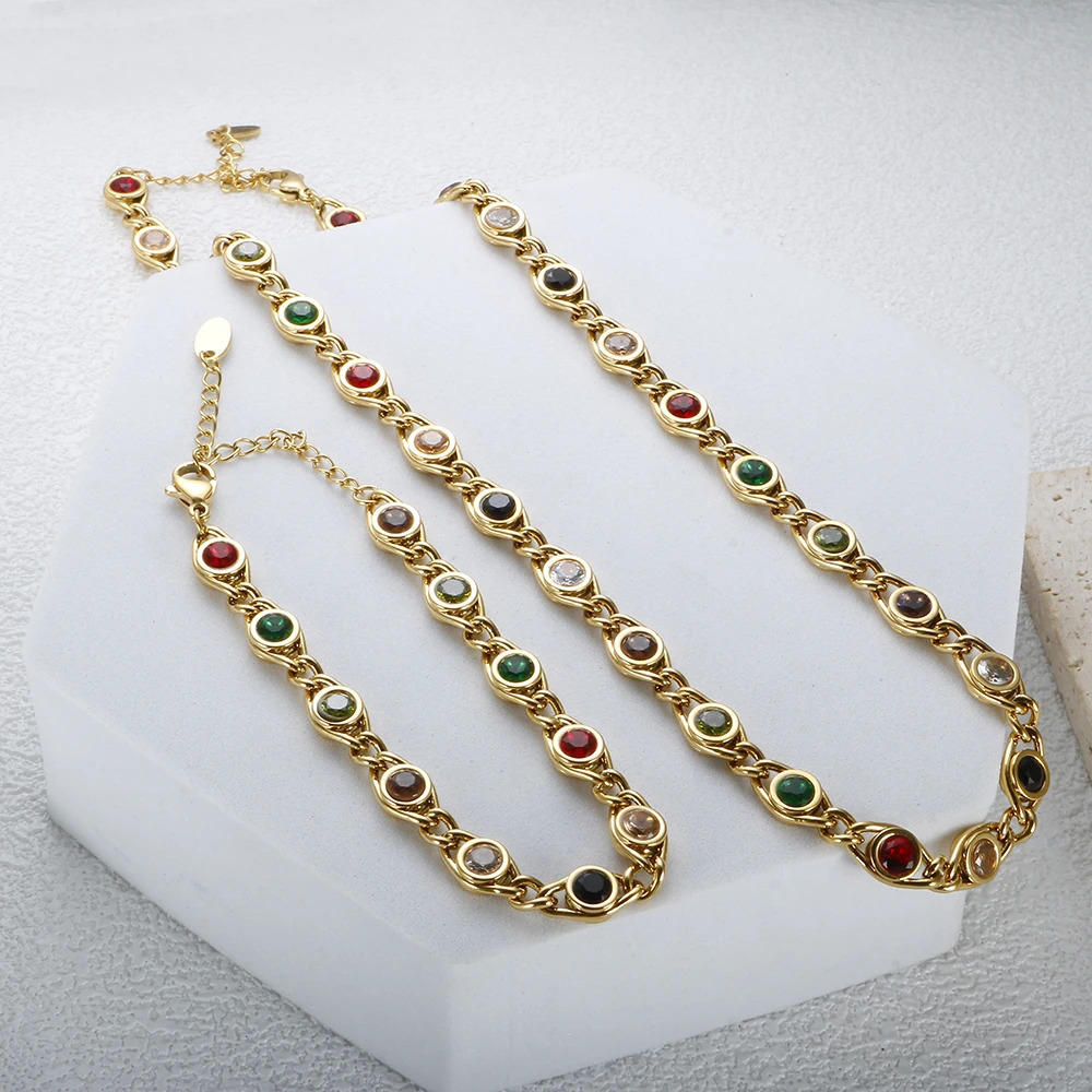 Wedding Jewelry Sets Trend Colorful Cubic Zirconia Panel Bracelet Necklace For Women Gold Color Stainless Steel Crystal Fisheye Jewelry Set 231019