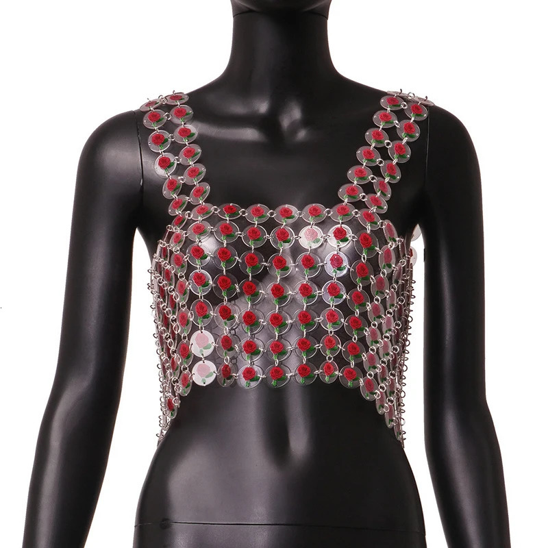 Other Fashion Accessories Fashion Body Chain Jewelry Girls Red Rose Chain Mail Flower Harness Top Women Daisy Chainmail Top 231019