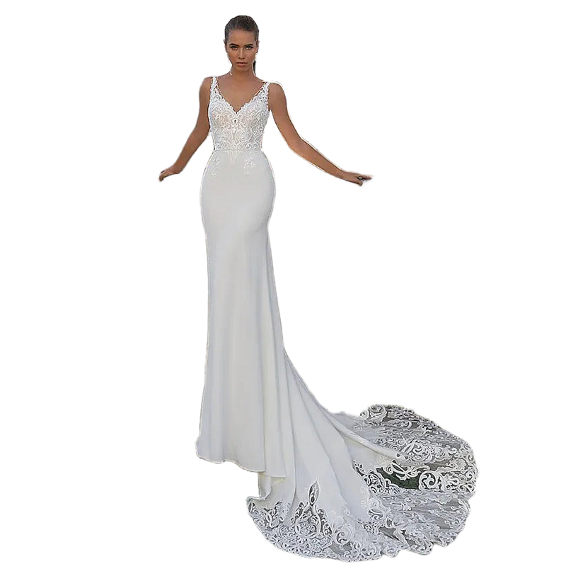 2024 Bohemian Mermaid Wedding Dress Spaghetti Straps Long Satin Bridal Gowns Lace Appliques Backless Sexy Beach Bride Dresses