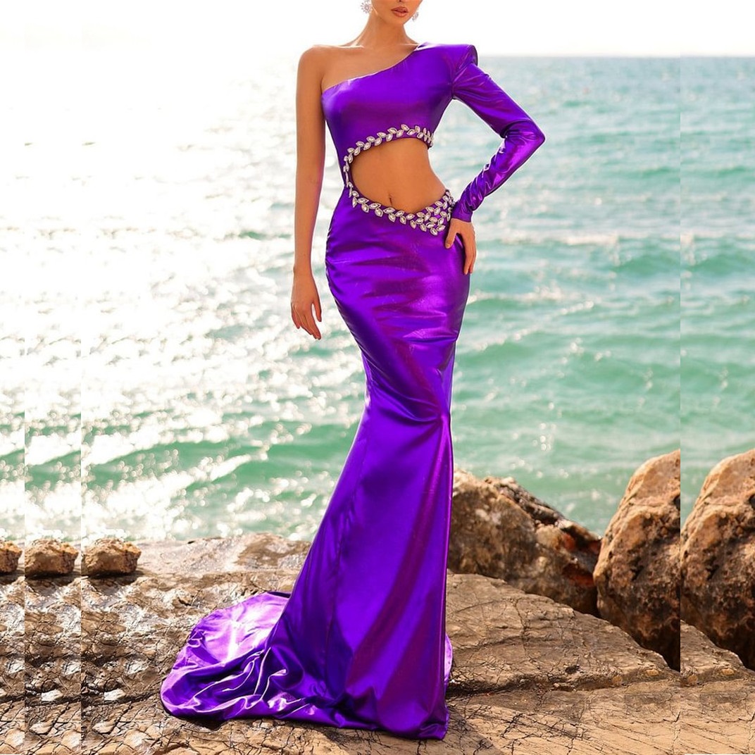 Purple Ral Mermaid One Shoulder Prom Dresses Beading 3D Wers Appliques Evening Dresss Backless Buttons Vestido De Novia 328 0218
