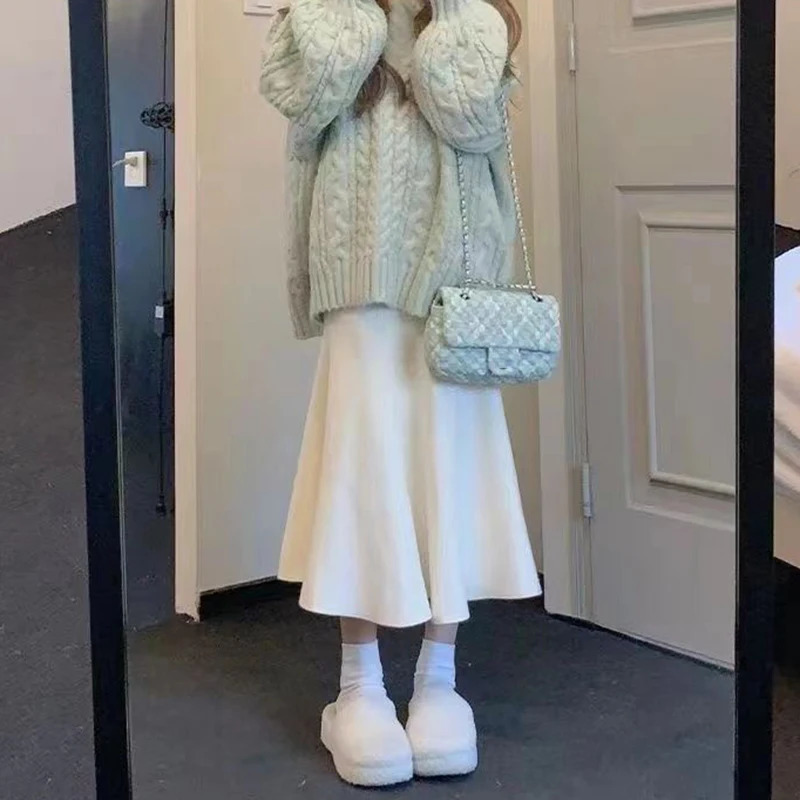 Skirts Rimocy Autumn Winter Knitted Fishtail Women Fashion Bodycon Mermaid Midi Skirt Woman Elastic High Waist Slim Saias 231019