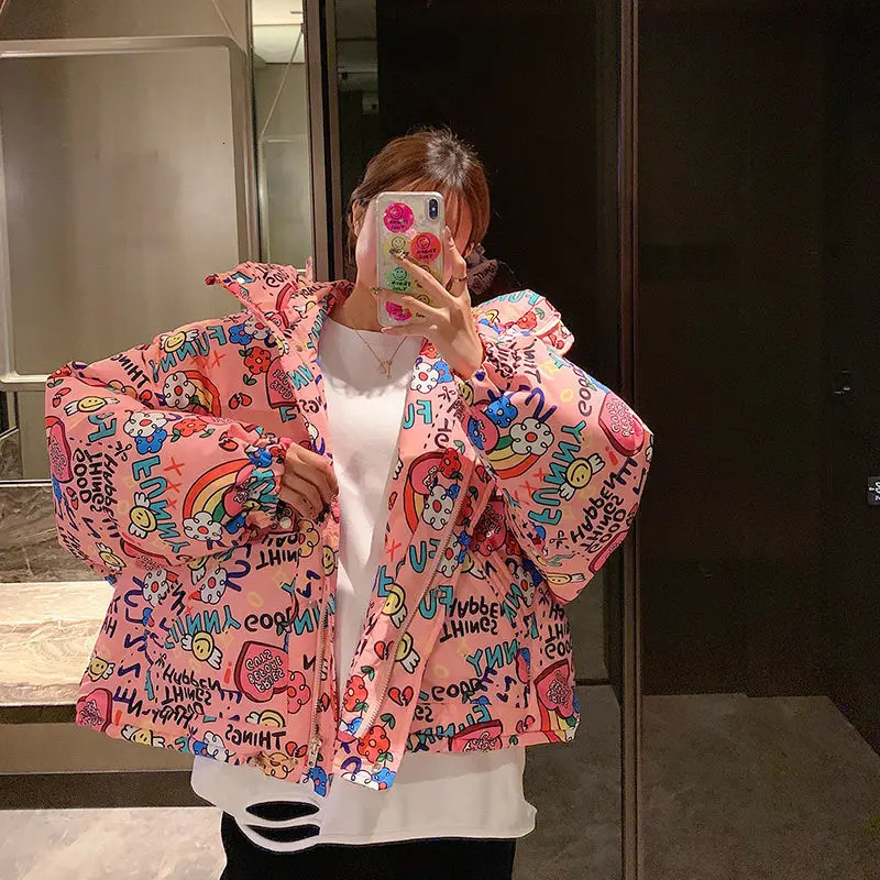 Women's Down Parkas Women Down Jackets Bubble Coats Graffiti White Duck Down 90% Winter Zipper Full Thick Korean Ladylike Girls Down Jackets Swee