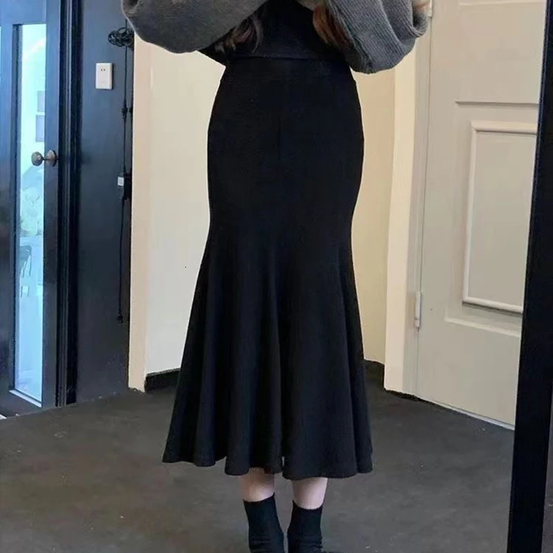Skirts Rimocy Autumn Winter Knitted Fishtail Women Fashion Bodycon Mermaid Midi Skirt Woman Elastic High Waist Slim Saias 231019