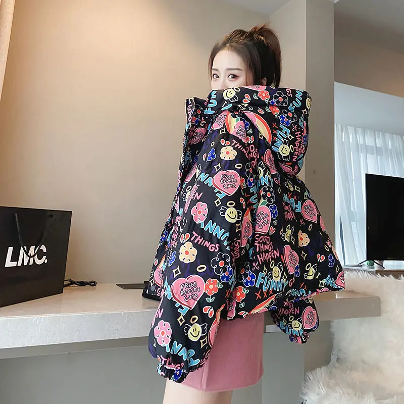 Women's Down Parkas Women Down Jackets Bubble Coats Graffiti White Duck Down 90% Winter Zipper Full Thick Korean Ladylike Girls Down Jackets Swee