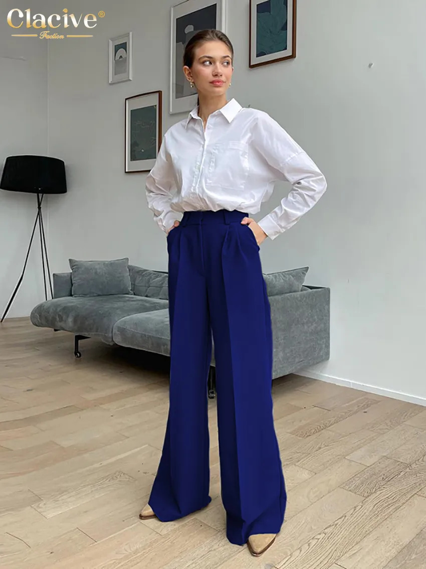 Women's Pants Capris Clacive Blue Office Women'S Pants Fashion Loose Full Length Ladies Trousers Casual High Waist Wide Pants For Women 2310
