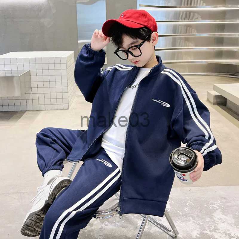 Clothing Sets Spring Autumn Boys Navy Striped Zip Sweatshirt Coats+Sweatpant Sets School Kids Tracksuit Children Outfit Jogging Suit 5-16 Yrs J231020