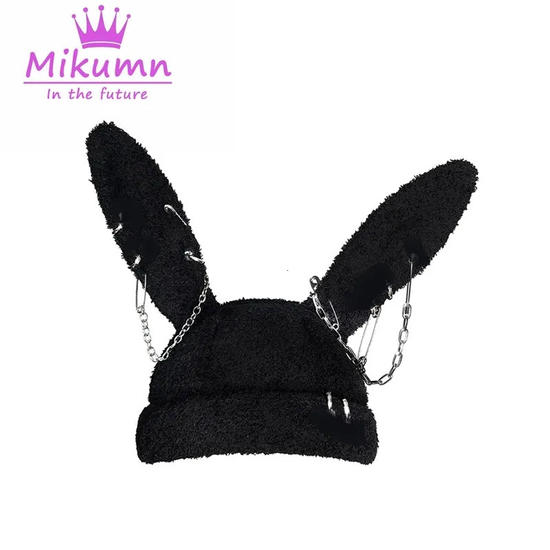 BeanieSkull Caps Gothic Grunge Rabbit Ear Hat Harajuku Y2k Punk Chain Pin Metal Ring Lambswool Black Hat Women Girls Winter Warm Chic Streetwear 231019