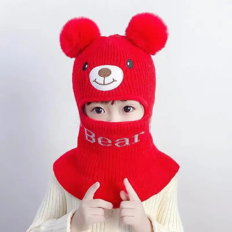 Caps Hats Kids Bear Winter Double Layer Balaclava Hat PomPom Knit Beanie for Baby Boy Hat Scarf Snood Caps for Girls 231020