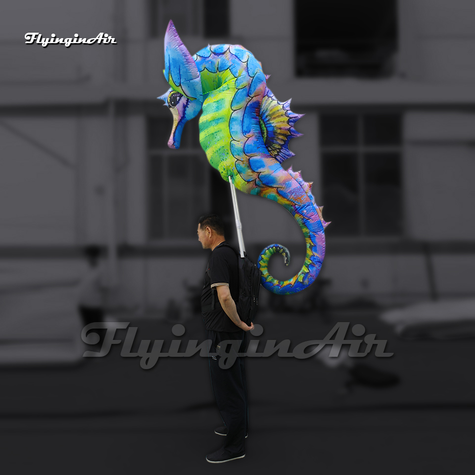 Fantastic Parade Performance Walking Inflatable Seahorse Puppet Carried Sea Animal Model Blow Up Hippocampus Balloon With Light For Event