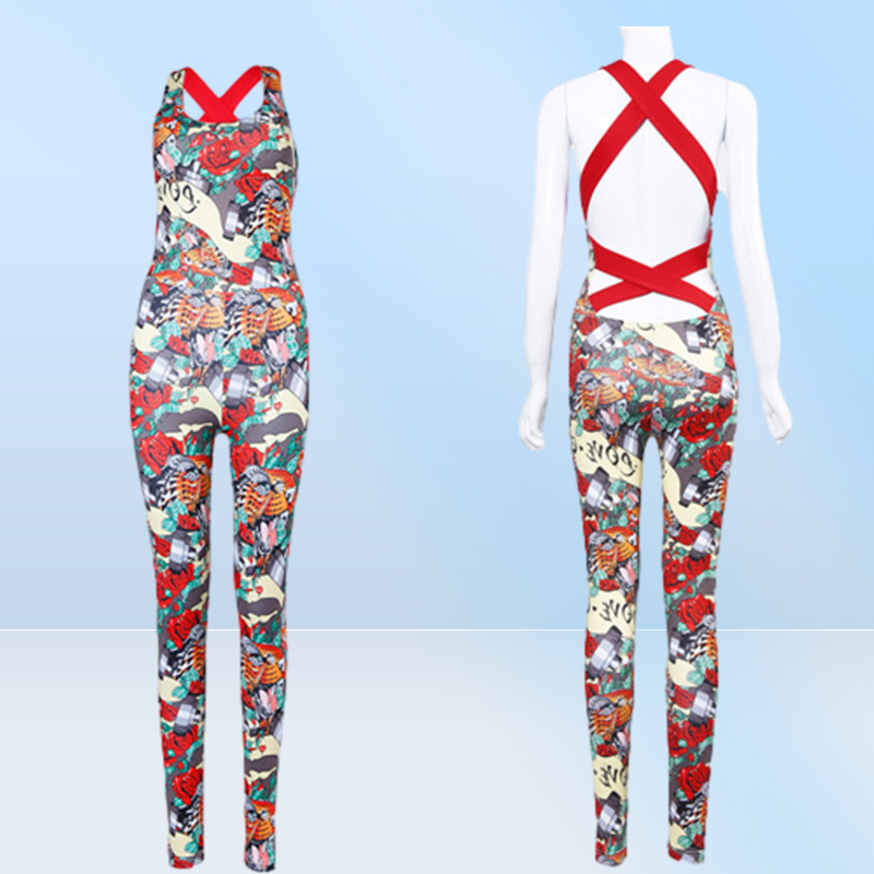 CrazyFit One Piece Sexy Sport Suit Women Padded Floral Print Yoga Workout Clothes Running Set Jogging Gym Clothing Jumpsuit