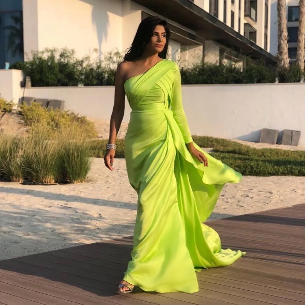 Evening Dresses Light Green Prom Party Gown Mermaid One-Shoulder Long Sleeve Zipper Lace Up Plus Size New Custom Pleat Formal Elastic Satin