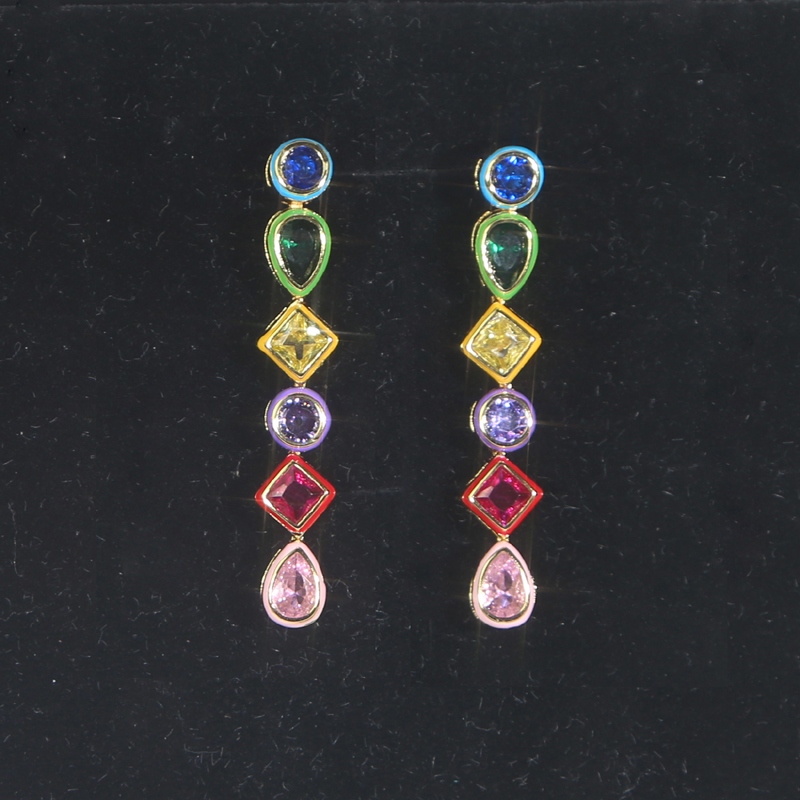 Geometric Zircon Dangle Women - Red Cubic Zirconia Brass & Copper Gold Plated Chandelier Earrings for Valentine's Day