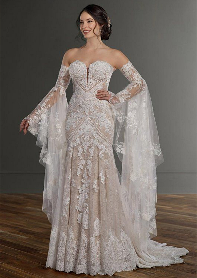 Backless Boho Bohemian Mermaid Wedding Dress With Detachable Bell Long Sleeves Lace Appliques Sweetheart Neck Bridal Gowns Champagne Ing Beach Bride D