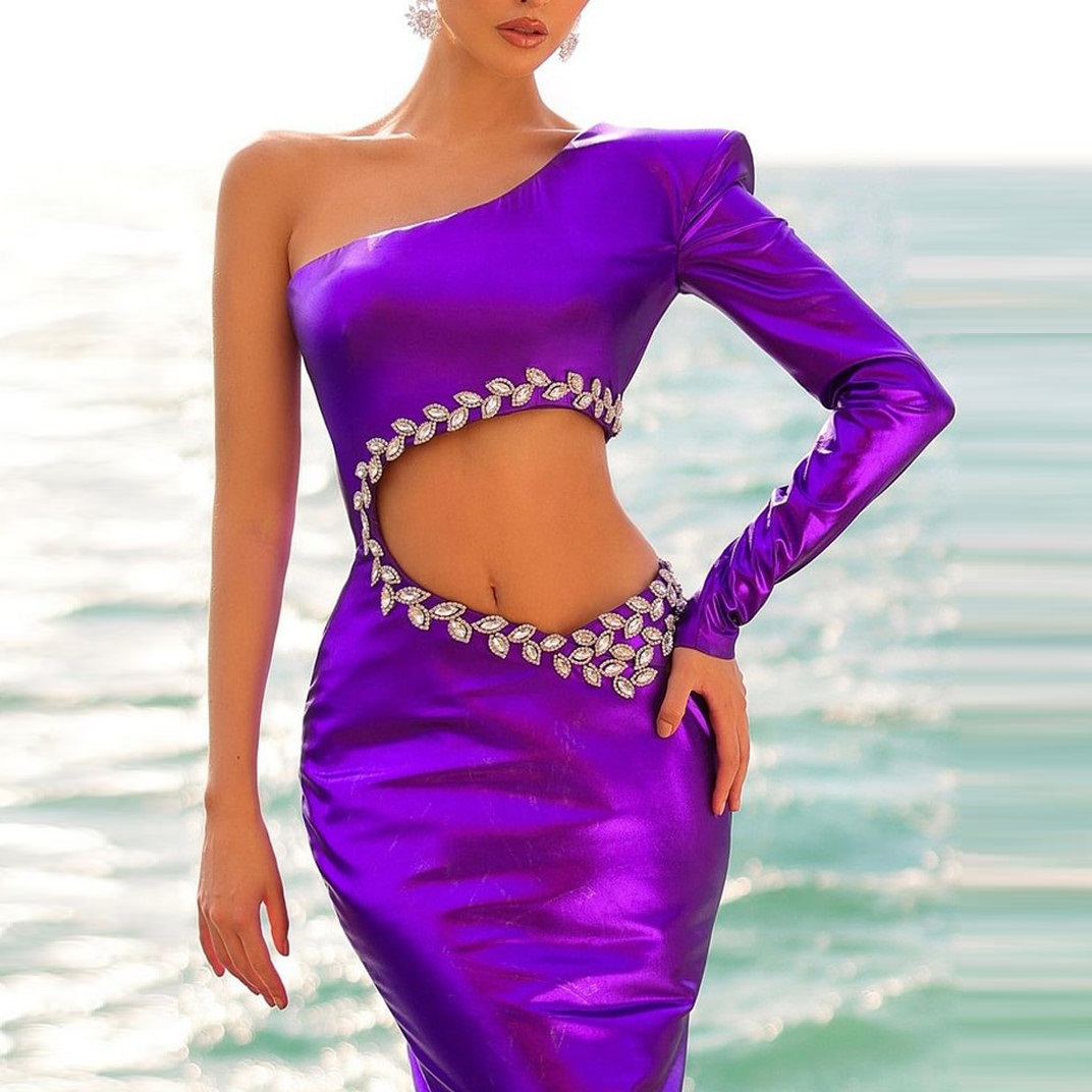 Purple Ral Mermaid One Shoulder Prom Dresses Beading 3D Wers Appliques Evening Dresss Backless Buttons Vestido De Novia 328 0218