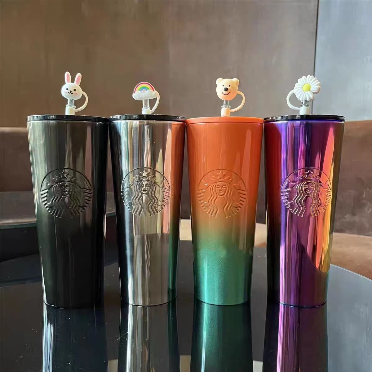 New High Appearance Stainless Steel Gradient Straw Cup vacuum cup with Large Capacity 710ml Couple Gift Water Cup Office Desktop Cup Car Cup